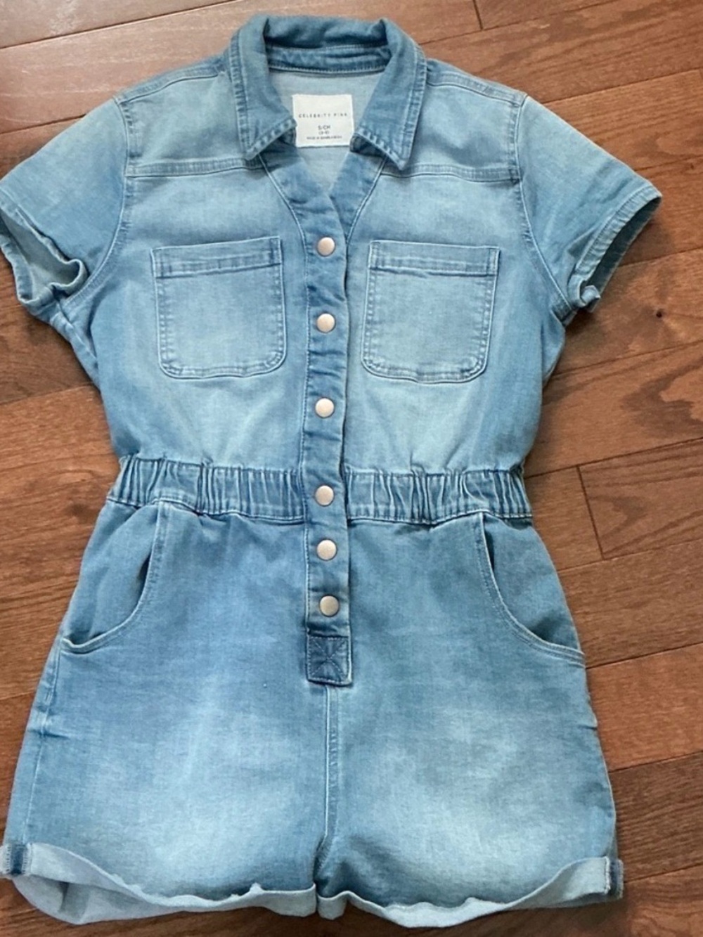 Celebrity Pink Light Wash Denim Short Sleeve Romper - Small